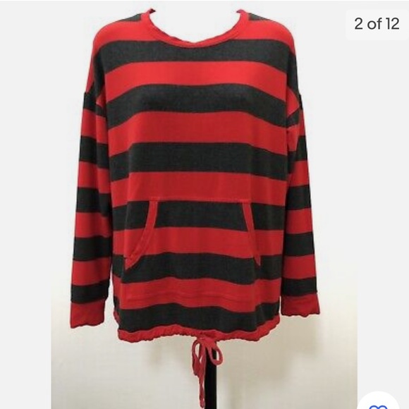 kensie Women’s top long sleeve Red and Gray striped drawstring waist - Picture 2 of 11